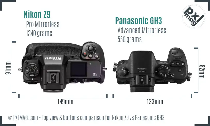Nikon Z9 vs Panasonic GH3 top view buttons comparison