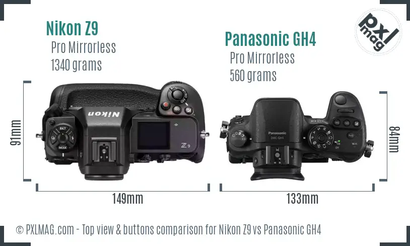 Nikon Z9 vs Panasonic GH4 top view buttons comparison