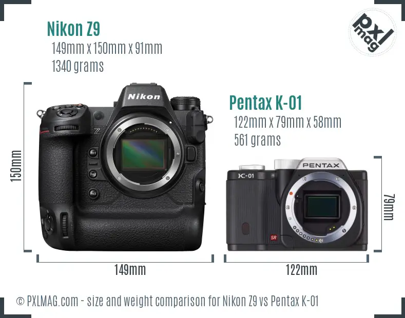 Nikon Z9 vs Pentax K-01 size comparison