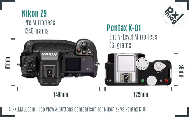 Nikon Z9 vs Pentax K-01 top view buttons comparison