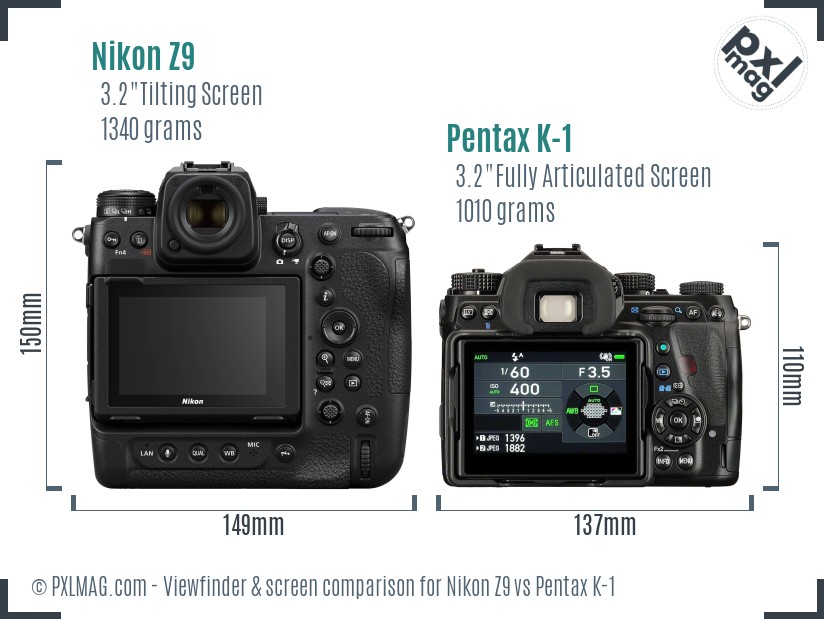 Nikon Z9 vs Pentax K-1 Screen and Viewfinder comparison
