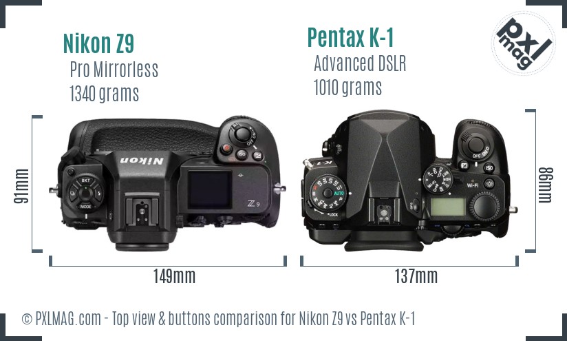 Nikon Z9 vs Pentax K-1 top view buttons comparison