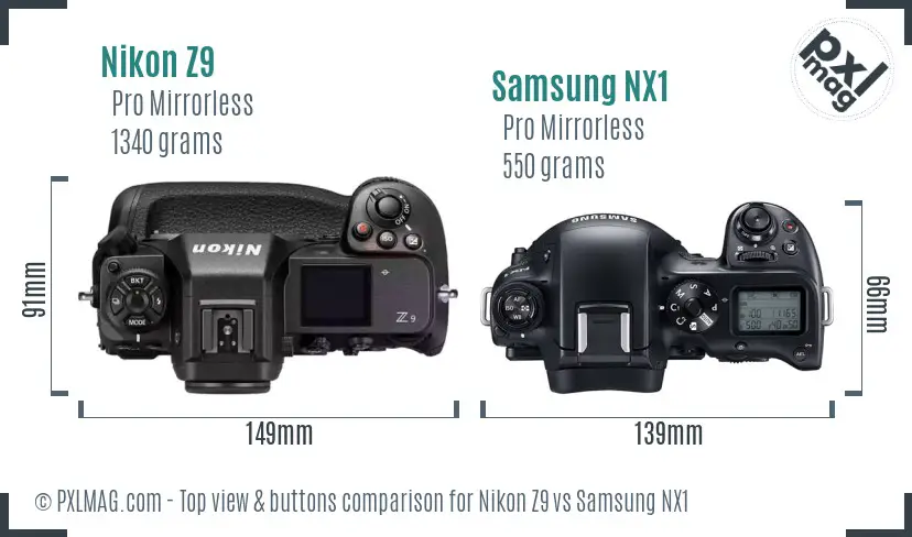 Nikon Z9 vs Samsung NX1 top view buttons comparison
