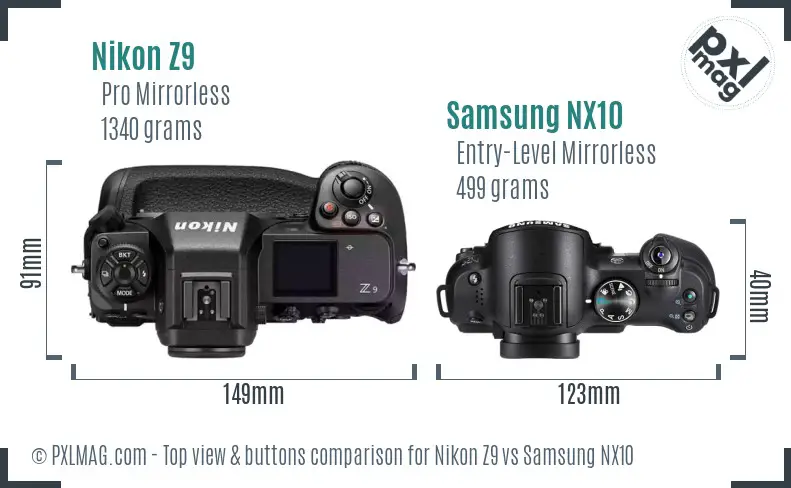 Nikon Z9 vs Samsung NX10 top view buttons comparison