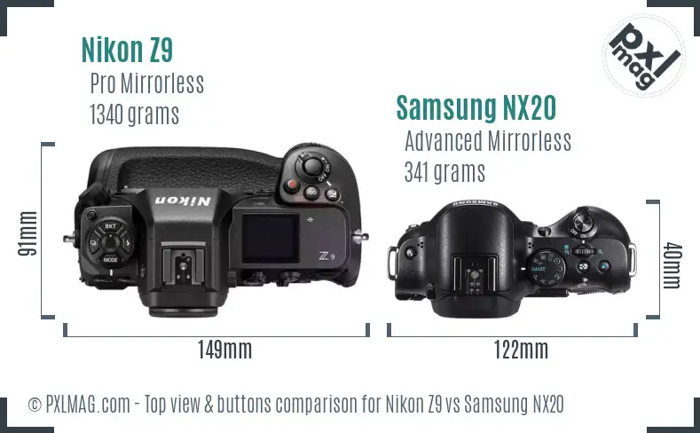 Nikon Z9 vs Samsung NX20 top view buttons comparison Nikon Z9 vs Samsung NX20 top view buttons comparison