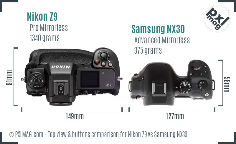 Nikon Z9 vs Samsung NX30 top view buttons comparison