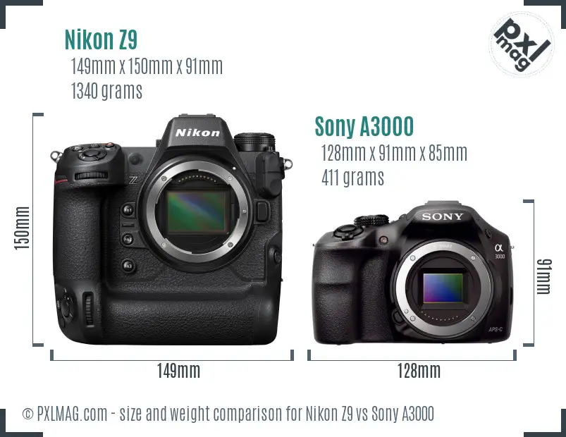 Nikon Z9 vs Sony A3000 size comparison