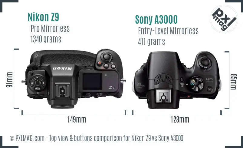 Nikon Z9 vs Sony A3000 top view buttons comparison