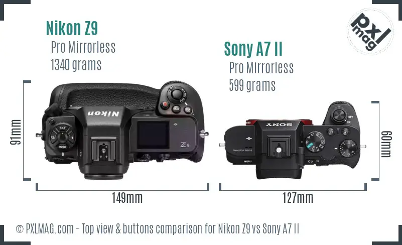 Nikon Z9 vs Sony A7 II top view buttons comparison