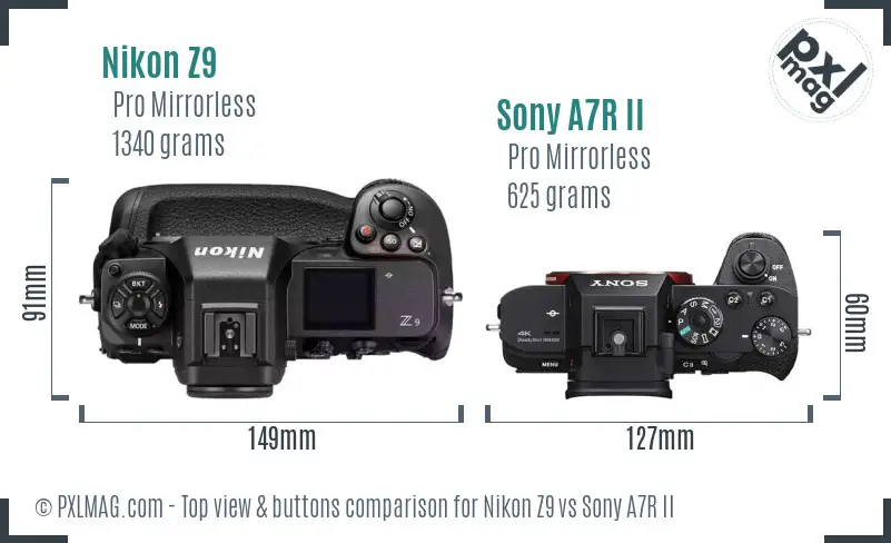 Nikon Z9 vs Sony A7R II top view buttons comparison