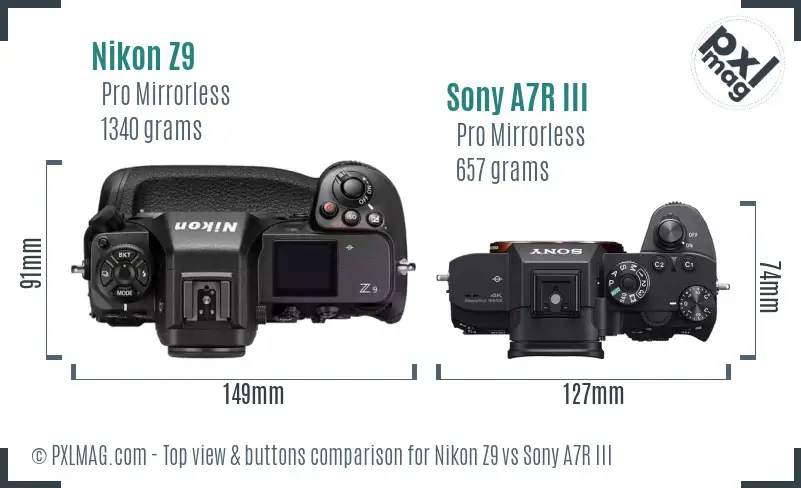 Nikon Z9 vs Sony A7R III top view buttons comparison