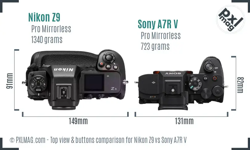 Nikon Z9 vs Sony A7R V top view buttons comparison