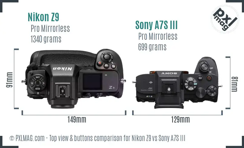 Nikon Z9 vs Sony A7S III top view buttons comparison
