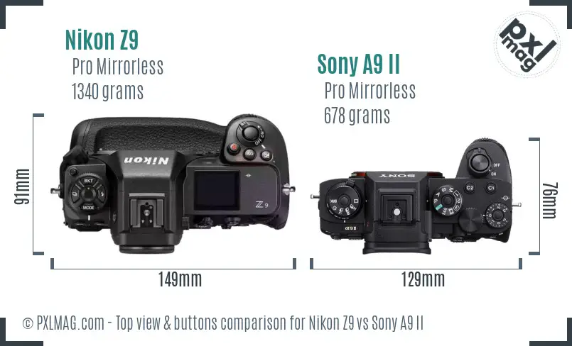 Nikon Z9 vs Sony A9 II top view buttons comparison