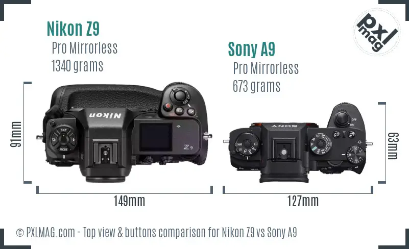 Nikon Z9 vs Sony A9 top view buttons comparison