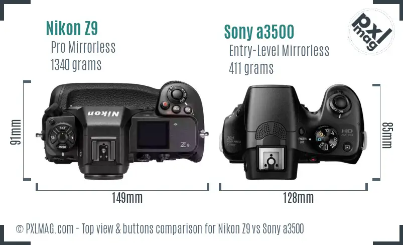 Nikon Z9 vs Sony a3500 top view buttons comparison
