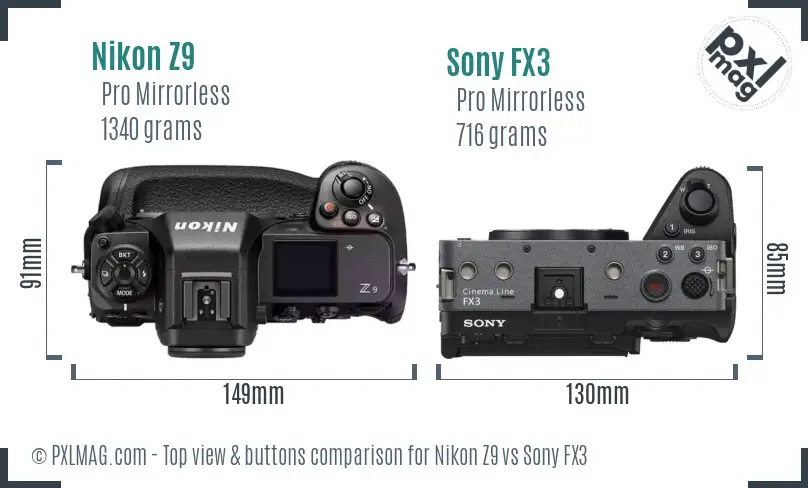 Nikon Z9 vs Sony FX3 top view buttons comparison