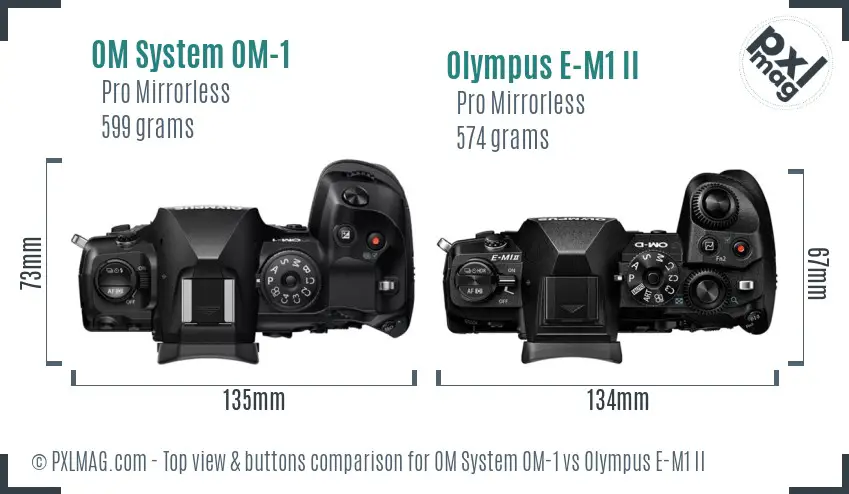 OM System OM-1 vs Olympus E-M1 II top view buttons comparison