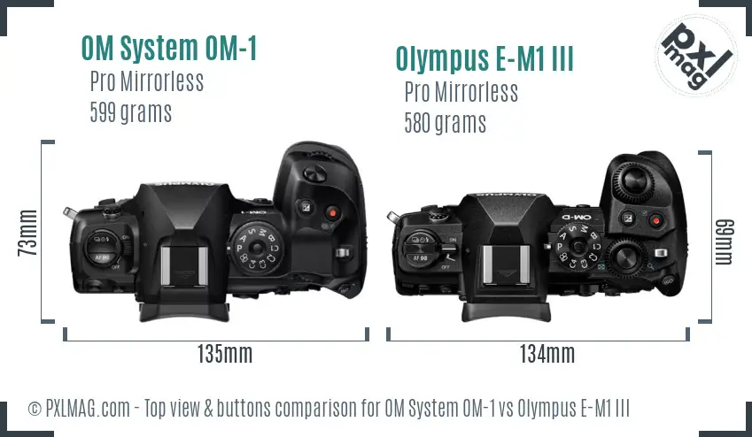 OM System OM-1 vs Olympus E-M1 III top view buttons comparison OM System OM-1 vs Olympus E-M1 III top view buttons comparison
