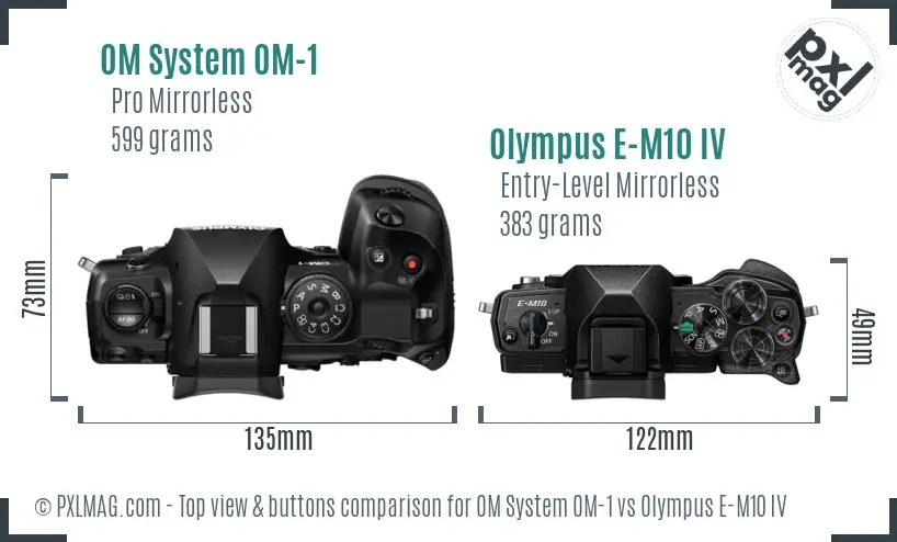 OM System OM-1 vs Olympus E-M10 IV top view buttons comparison