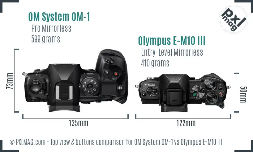 OM System OM-1 vs Olympus E-M10 III top view buttons comparison