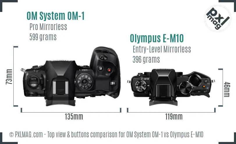 OM System OM-1 vs Olympus E-M10 top view buttons comparison