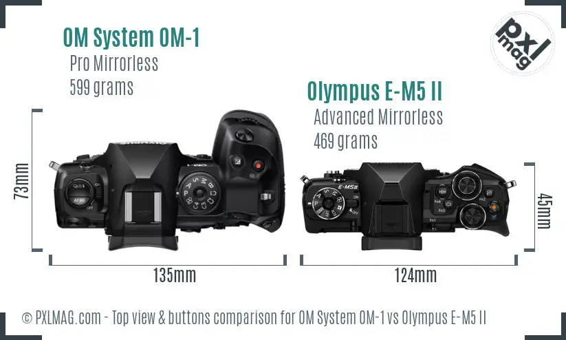 OM System OM-1 vs Olympus E-M5 II top view buttons comparison OM System OM-1 vs Olympus E-M5 II top view buttons comparison