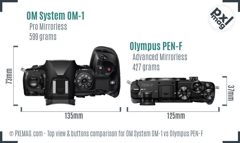 OM System OM-1 vs Olympus PEN-F top view buttons comparison