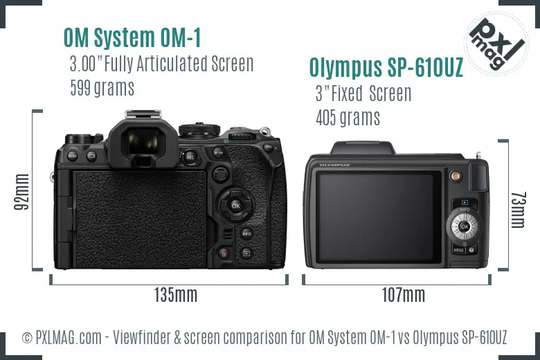 OM System OM-1 vs Olympus SP-610UZ Screen and Viewfinder comparison