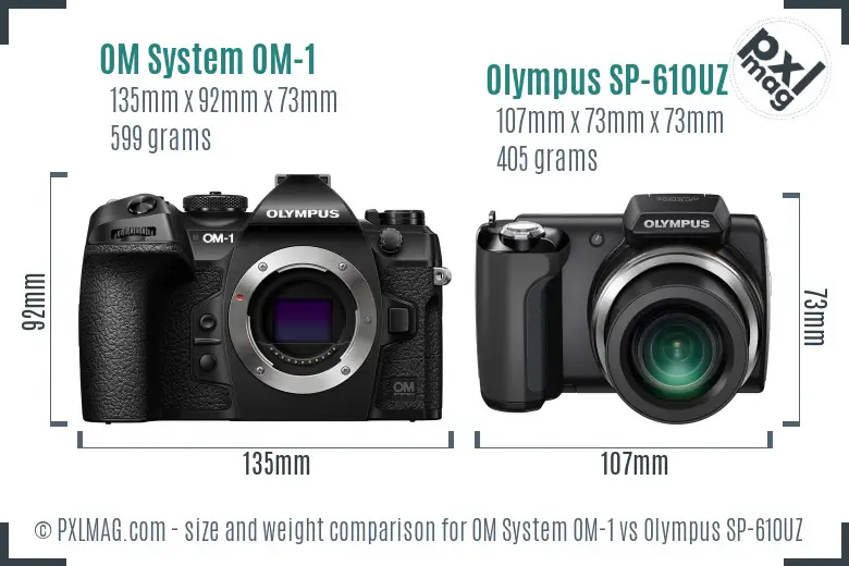 OM System OM-1 vs Olympus SP-610UZ size comparison