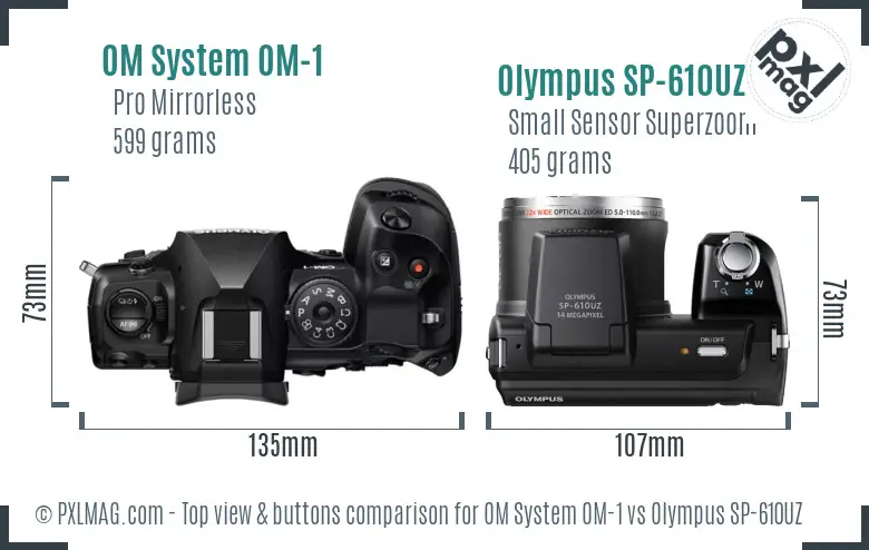 OM System OM-1 vs Olympus SP-610UZ top view buttons comparison