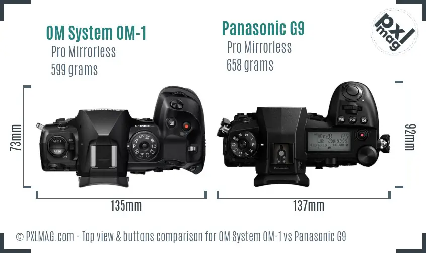 OM System OM-1 vs Panasonic G9 top view buttons comparison