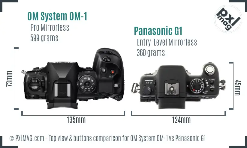OM System OM-1 vs Panasonic G1 top view buttons comparison OM System OM-1 vs Panasonic G1 top view buttons comparison