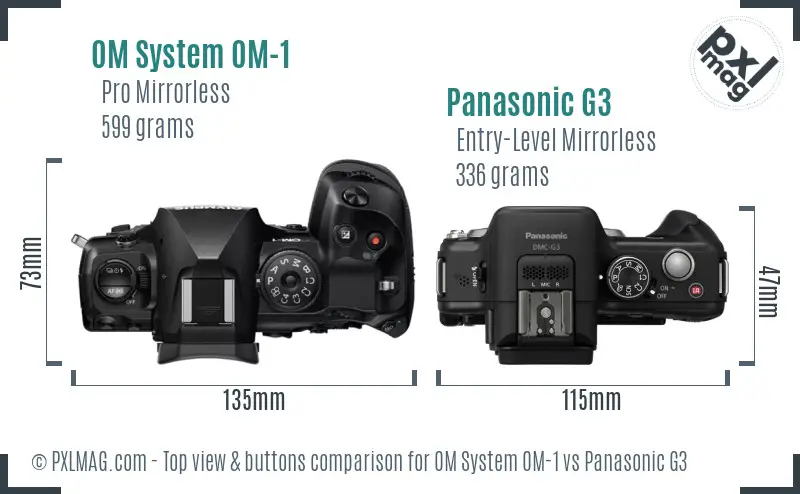 OM System OM-1 vs Panasonic G3 top view buttons comparison