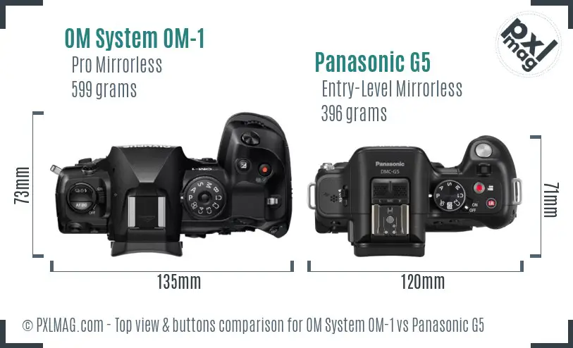 OM System OM-1 vs Panasonic G5 top view buttons comparison