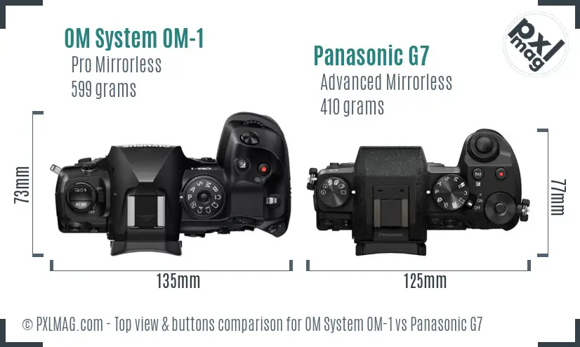 OM System OM-1 vs Panasonic G7 top view buttons comparison