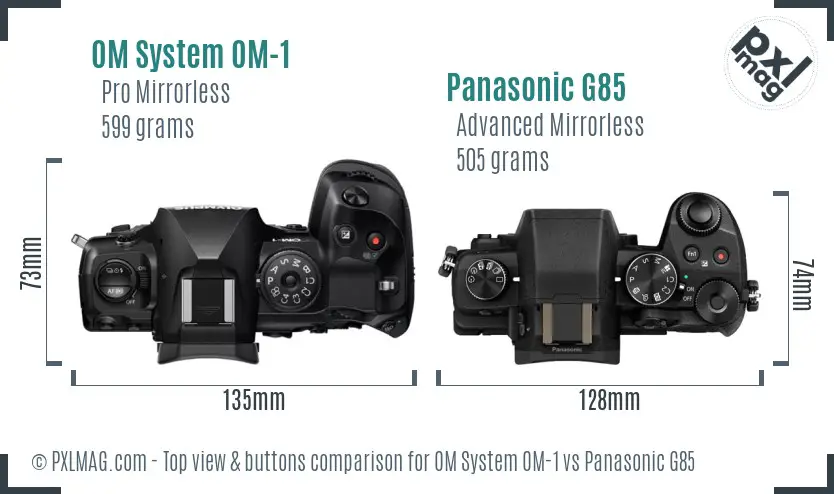 OM System OM-1 vs Panasonic G85 top view buttons comparison OM System OM-1 vs Panasonic G85 top view buttons comparison