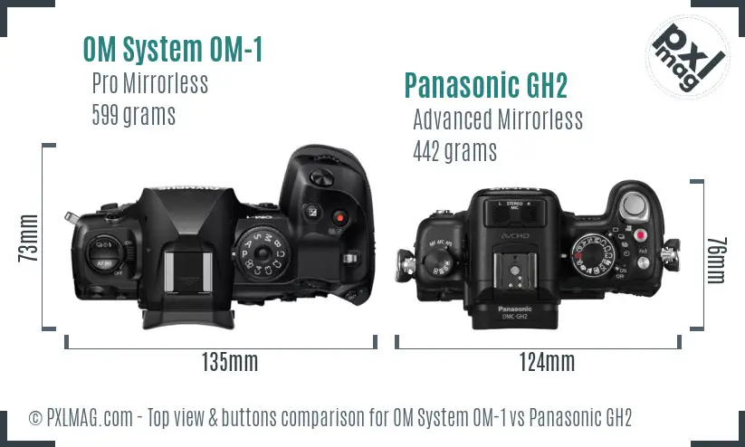 OM System OM-1 vs Panasonic GH2 top view buttons comparison