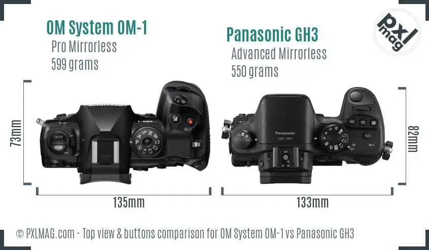 OM System OM-1 vs Panasonic GH3 top view buttons comparison