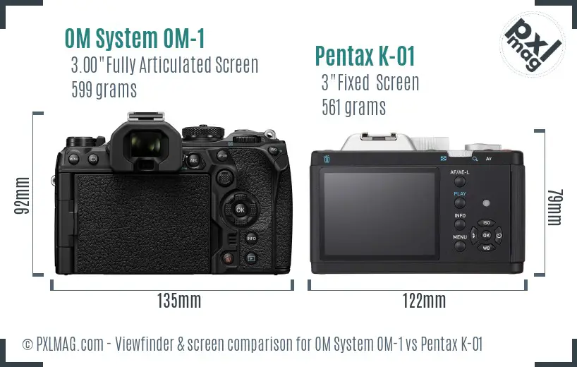 OM System OM-1 vs Pentax K-01 Screen and Viewfinder comparison