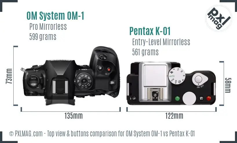 OM System OM-1 vs Pentax K-01 top view buttons comparison