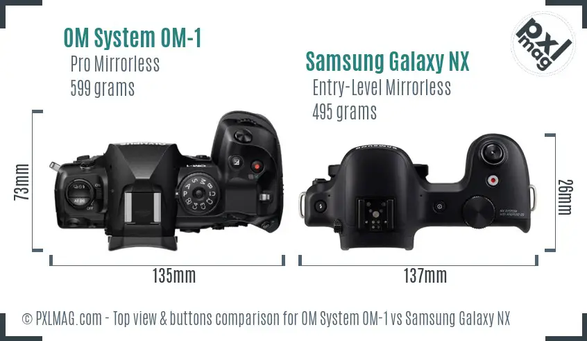 OM System OM-1 vs Samsung Galaxy NX top view buttons comparison