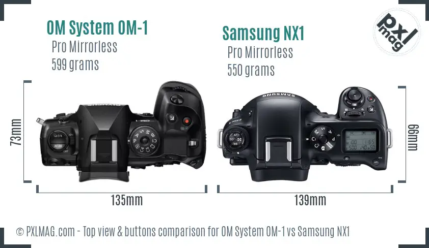 OM System OM-1 vs Samsung NX1 top view buttons comparison