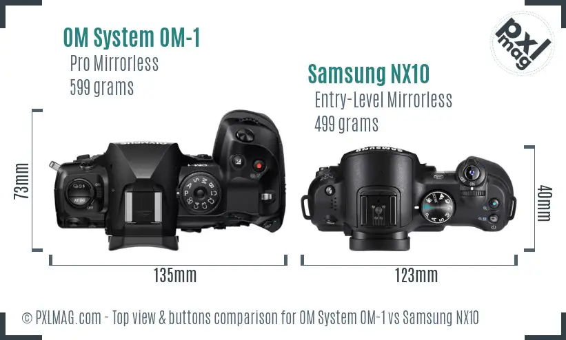 OM System OM-1 vs Samsung NX10 top view buttons comparison