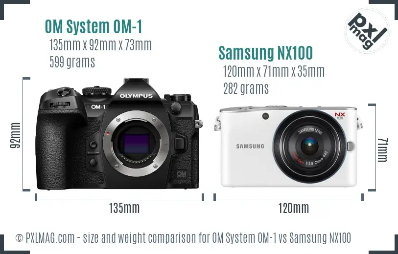 OM System OM-1 vs Samsung NX100 size comparison