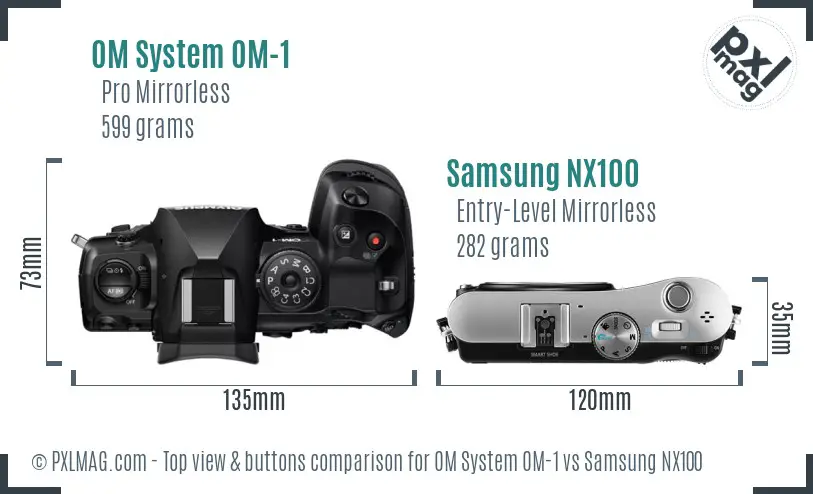 OM System OM-1 vs Samsung NX100 top view buttons comparison