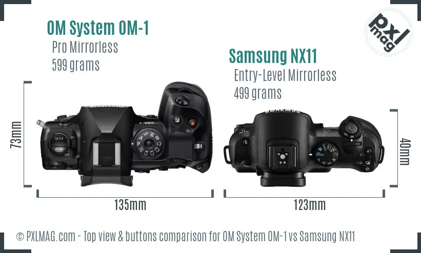 OM System OM-1 vs Samsung NX11 top view buttons comparison