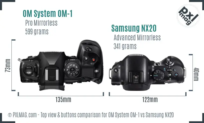 OM System OM-1 vs Samsung NX20 top view buttons comparison