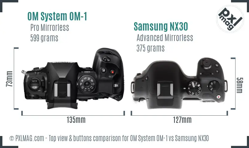 OM System OM-1 vs Samsung NX30 top view buttons comparison OM System OM-1 vs Samsung NX30 top view buttons comparison