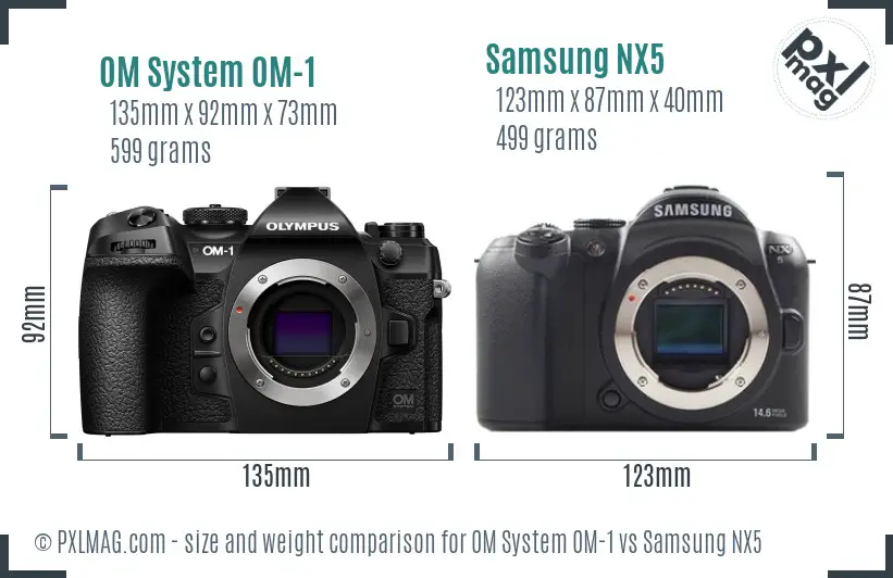 OM System OM-1 vs Samsung NX5 size comparison